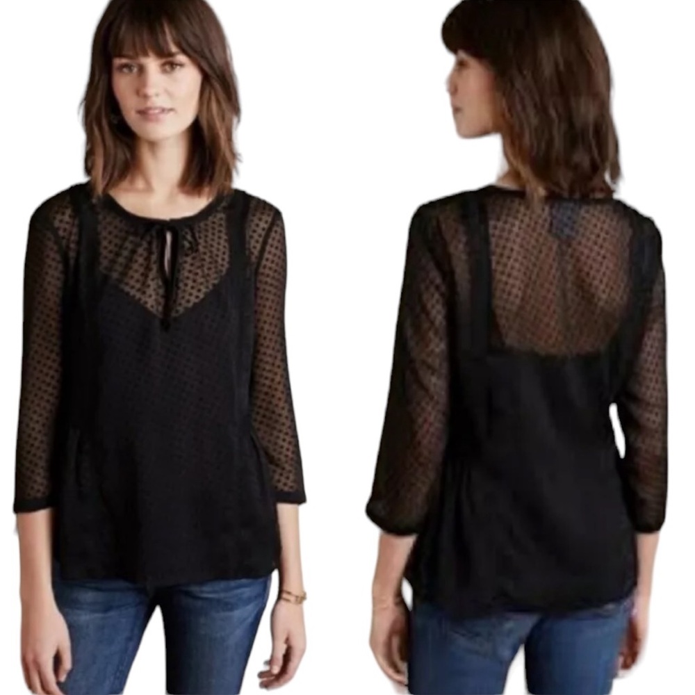 Vanessa Virginia for Anthropologie Black Sheer Clip Dot Blouse Cami